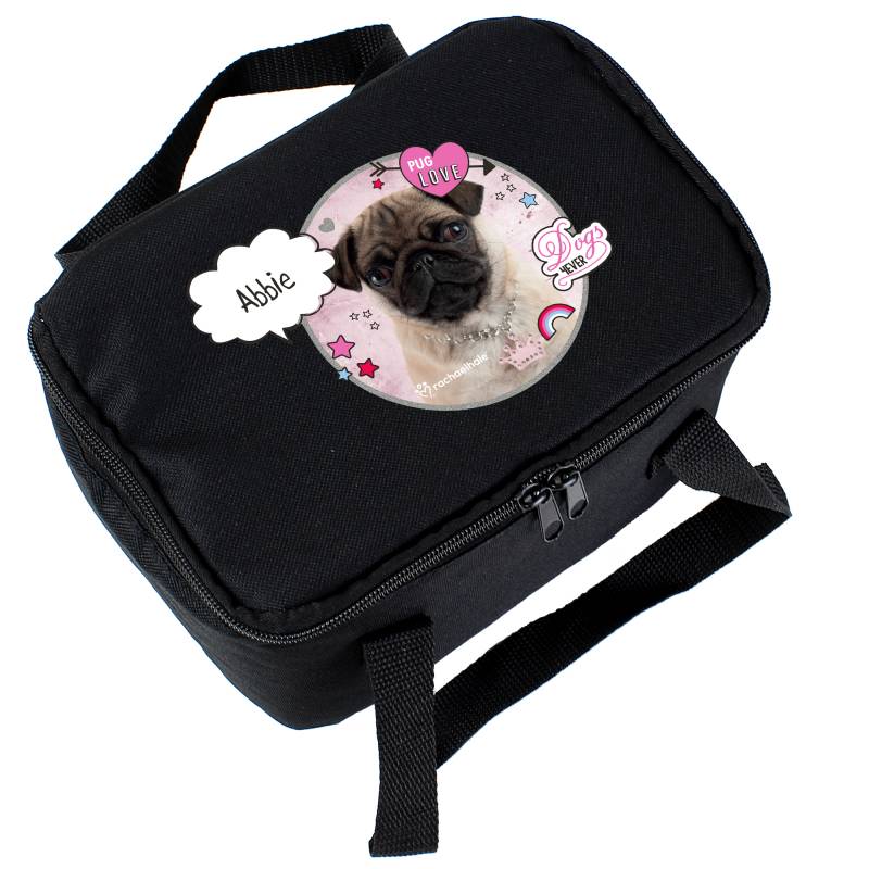 Personalised Rachael Hale Doodle Pug Black Lunch Bag