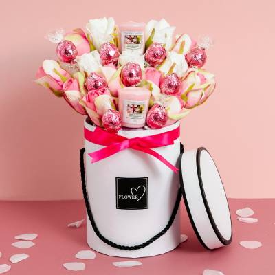 Pink Yankee Candle and Lindor Hat Box Bouquet