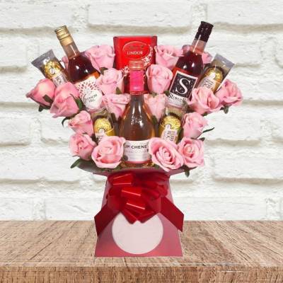 Chocolate Bouquets Funky Hampers - rose wine and pink roses chocolate bouquet