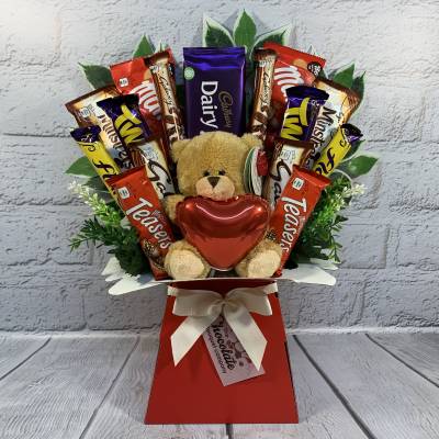 Valentines Day Chocolate and Teddy Bouquet