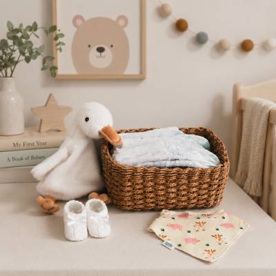 Luxury Baby Gift Box with Duck Comforter, Cotton Bib & Baby Booties – New Baby Gift