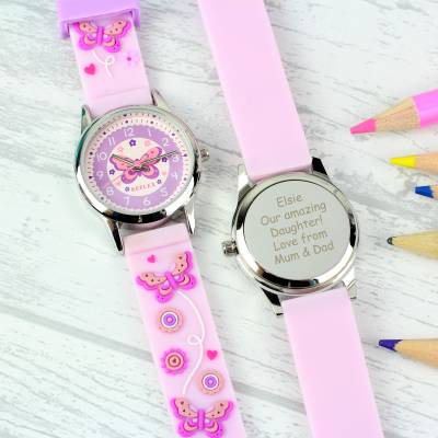 Image of Personalised Kid's Pink Butterfly Watch with Presentation Box