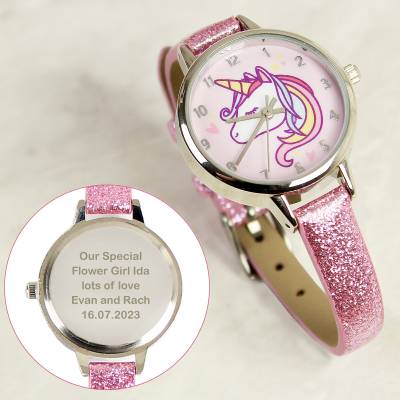 Personalised Unicorn with Pink Glitter Strap Girls Watch