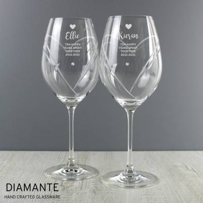 Personalised Free Text Hand Cut Heart Pattern Pair of Wine Glasses with Swarovski Elements