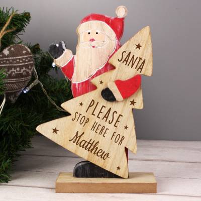 Image of Personalised Santa Stop Here Wooden Santa Decoration