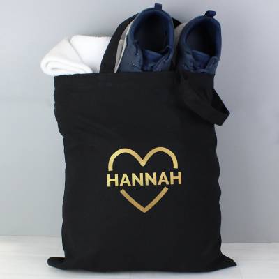 Personalised Gold Heart Black Cotton Bag