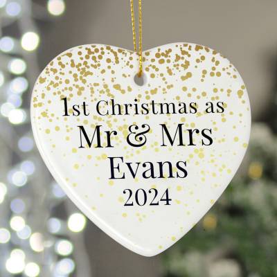 Personalised Mr and Mrs 1st Christmas Ceramic Heart Decoration