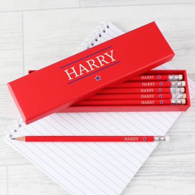 Image of Personalised Blue Star Box of 12 Red HB Pencils
