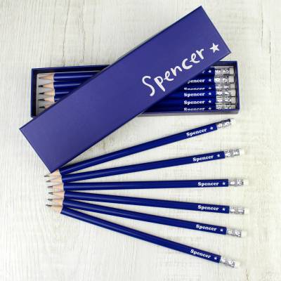 Personalised Star Box and 12 Blue HB Pencils