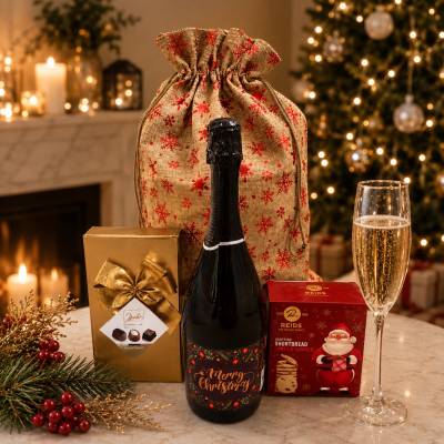 Luxury Christmas Prosecco Gift Sack – Festive Prosecco, Belgian Chocolates & Santa's Cookies