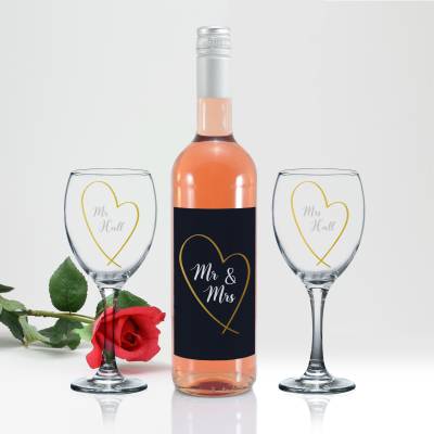 Mr & Mrs Gold Heart Rose Wine Gift Set