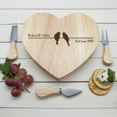 Personalised Love Birds Heart Cheese Board