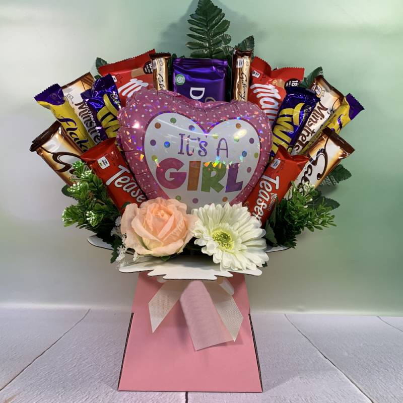 It's A Girl Balloon and Flowers Chocolate Bouquet