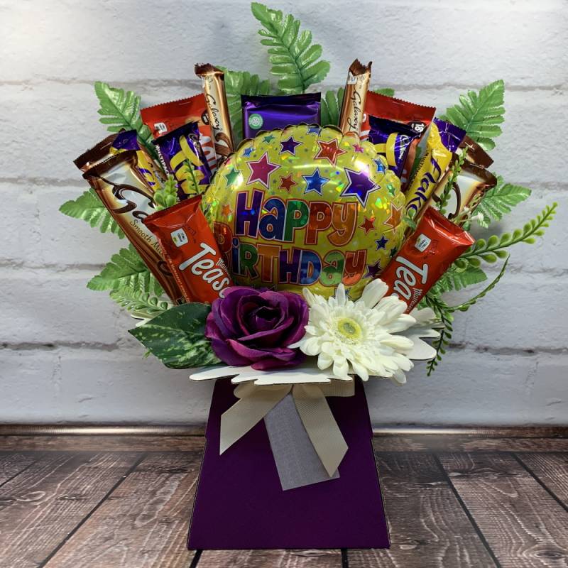 Happy Birthday Balloon and Flowers Chocolate Bouquet