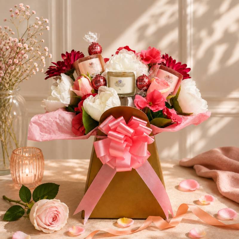 Pretty in Pink Chocolate and Yankee Candle Bouquet Pretty in Pink Chocolate and Yankee Candle Bouquet