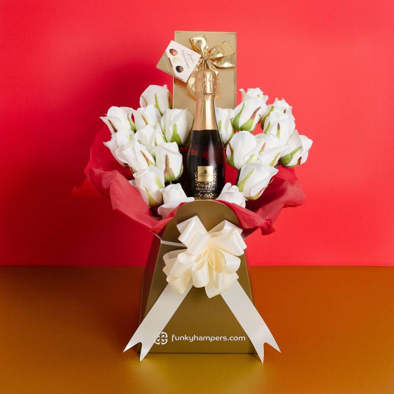 Prosecco and White Roses Belgian Chocolate Bouquet