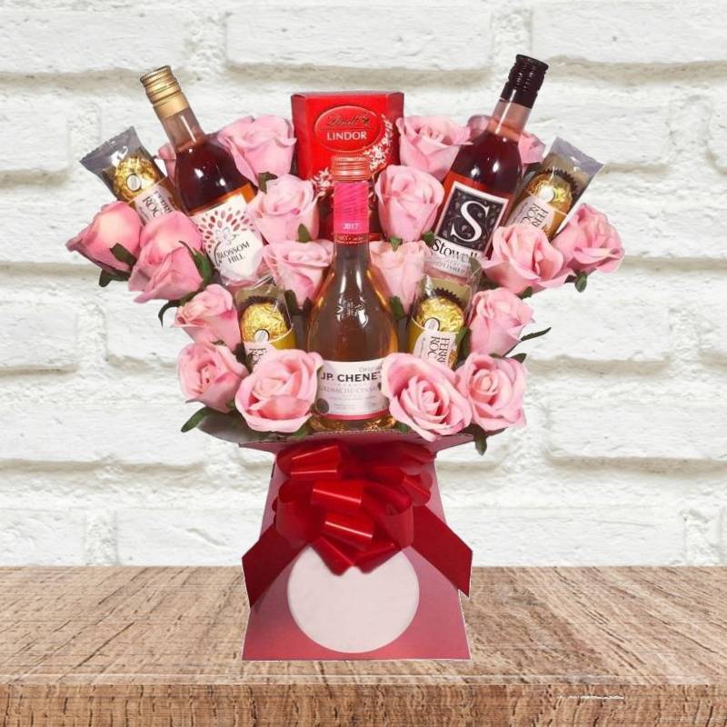 Rose Wine and Pink Roses Chocolate Bouquet