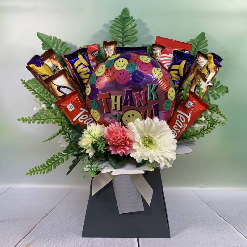 Thank You Balloon and Flowers Chocolate Bouquet