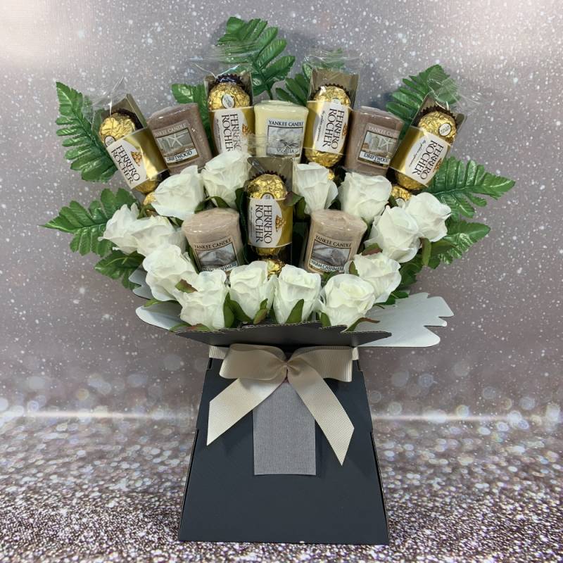 Yankee Candle and Ivory Roses Chocolate Bouquet