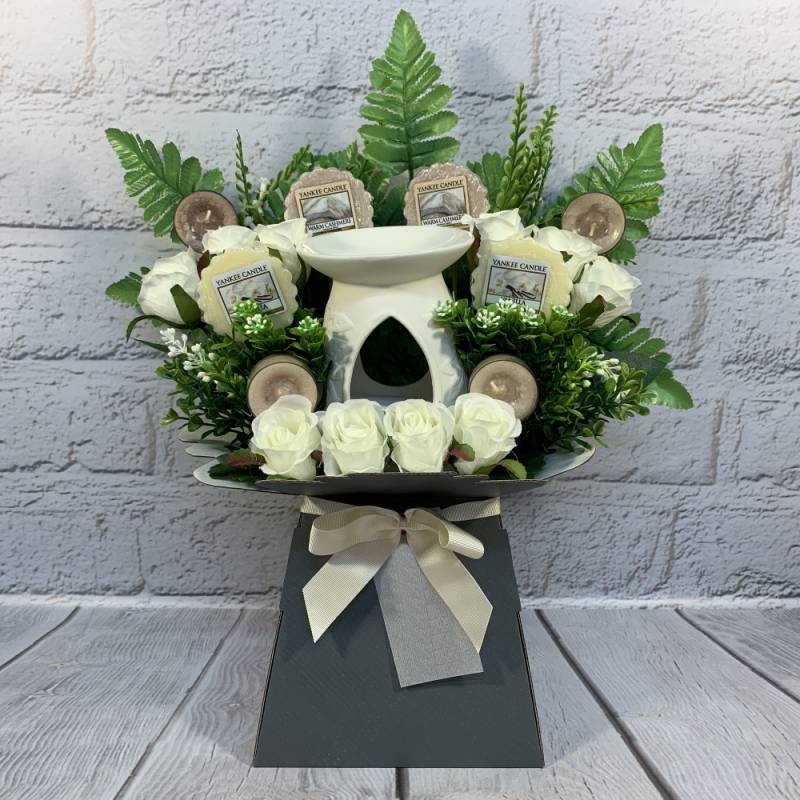 Yankee Candle Burner Candles and Ivory Roses Bouquet Funky Hampers