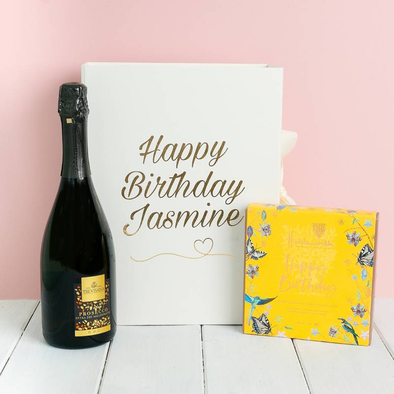 Personalised Happy Birthday Prosecco and Hand Made Chocolates Gift