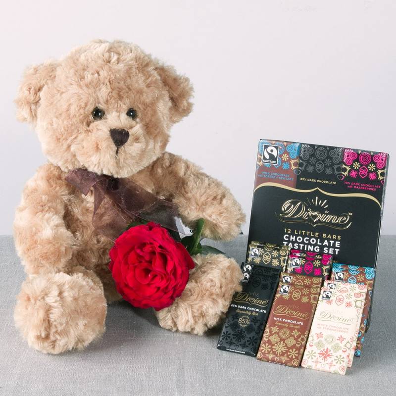 flower teddy and chocolates