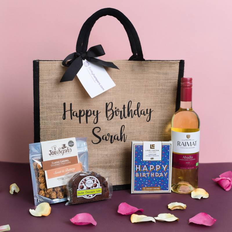 Personalised Happy Birthday White Wine Treats Jute Bag