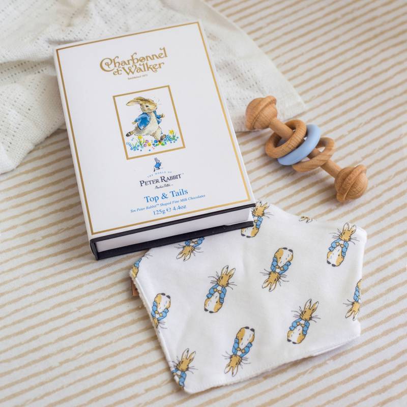 Luxury Peter Rabbit New Baby Gift Hamper &ndash; Baby Clothes, Blanket & Chocolates