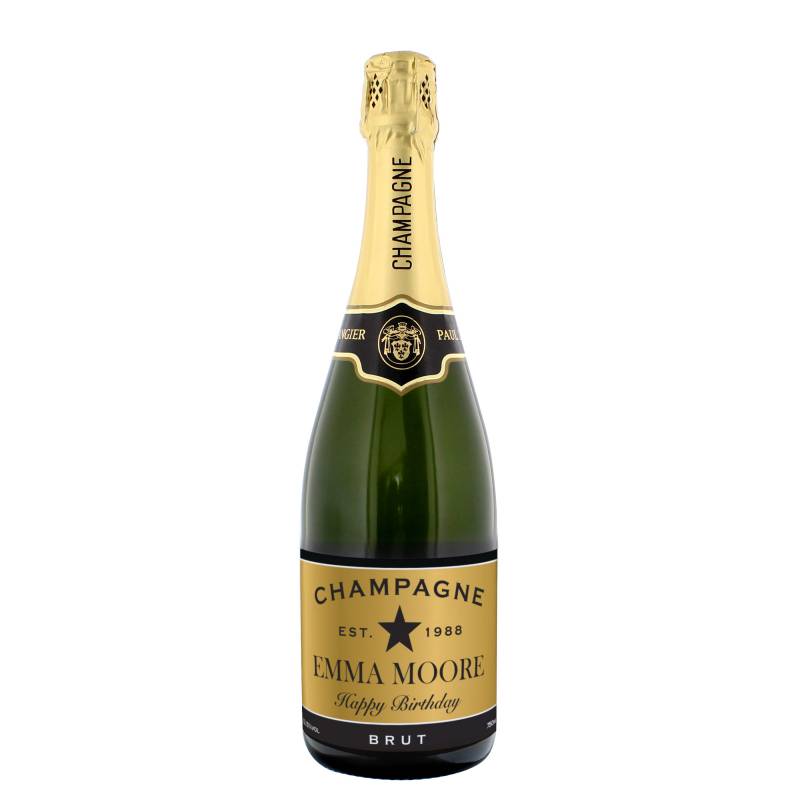 Personalised Black and Gold Label Bottle of Champagne