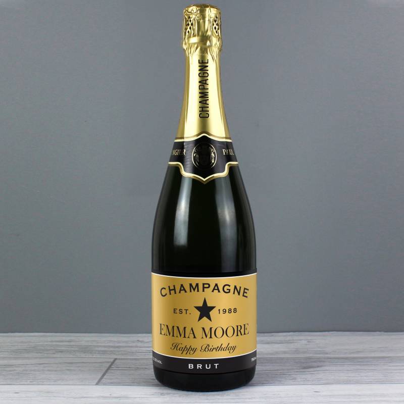 Personalised Black and Gold Label Bottle of Champagne