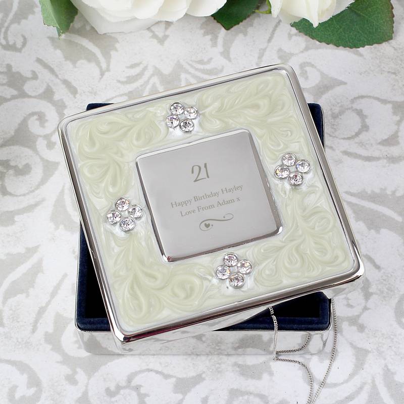 Personalised Swirls & Hearts Square Diamante Trinket Box