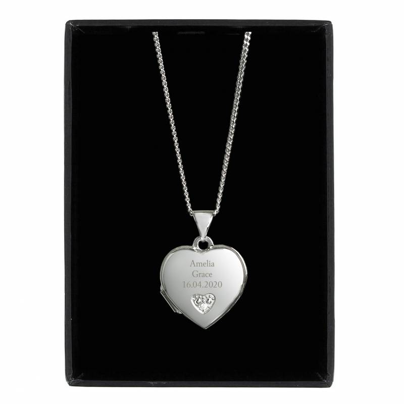 Personalised Sterling Silver and Cubic Zirconia Heart Locket Necklace