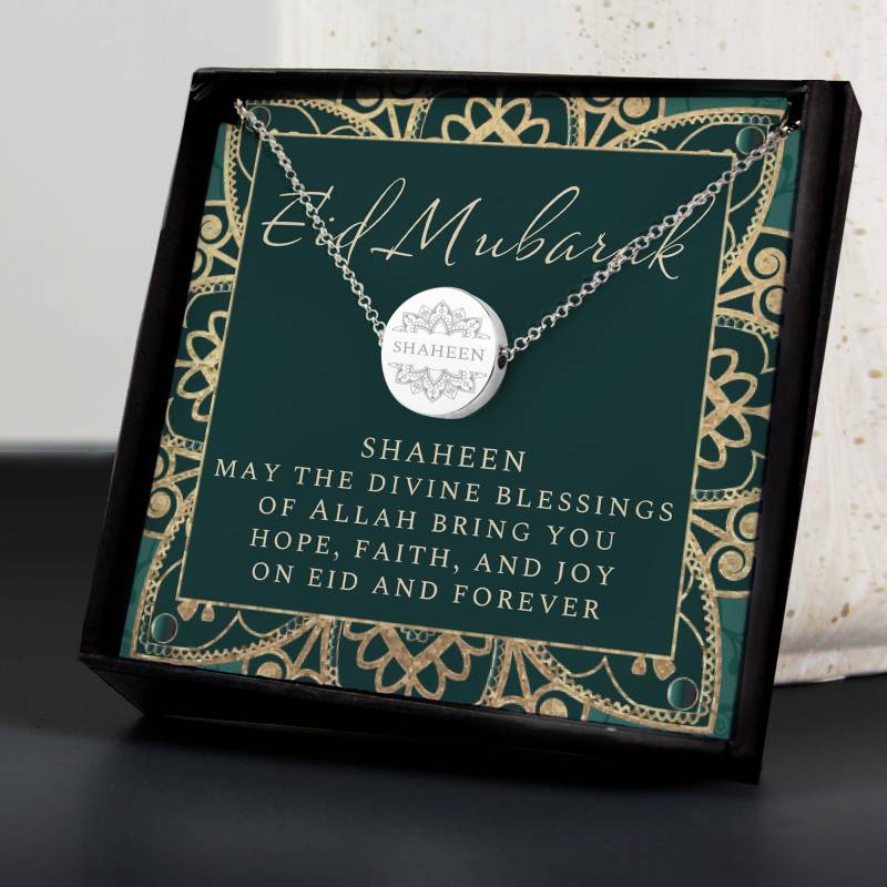 Personalised Sentiment Eid Moon & Star Sterling Silver Necklace and Box
