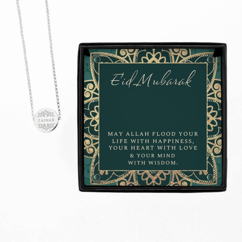 Personalised Sentiment Eid Moon & Star Sterling Silver Necklace and Box