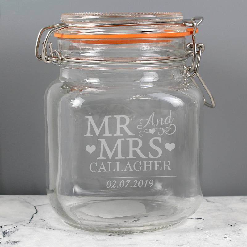 Personalised Mr & Mrs Glass Clip Top Jar