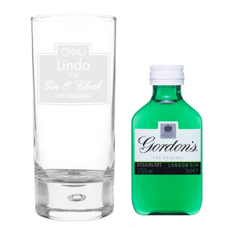 Personalised Gin OClock Hi Ball Bubble Glass & Gin Miniature Set