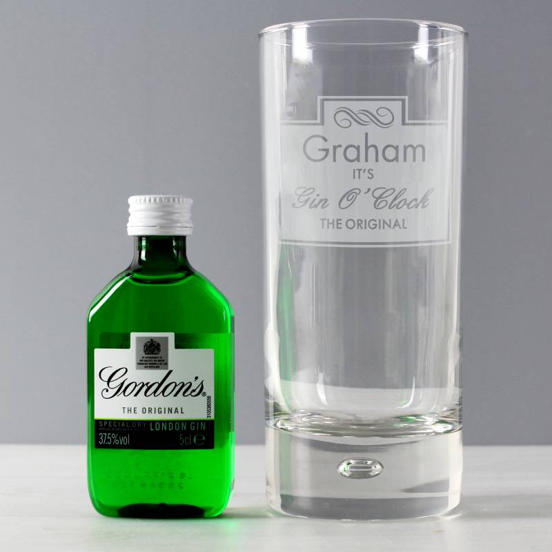 Personalised Gin OClock Hi Ball Bubble Glass & Gin Miniature Set
