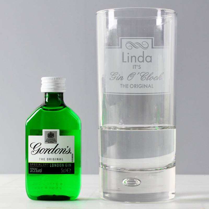 Personalised Gin OClock Hi Ball Bubble Glass & Gin Miniature Set
