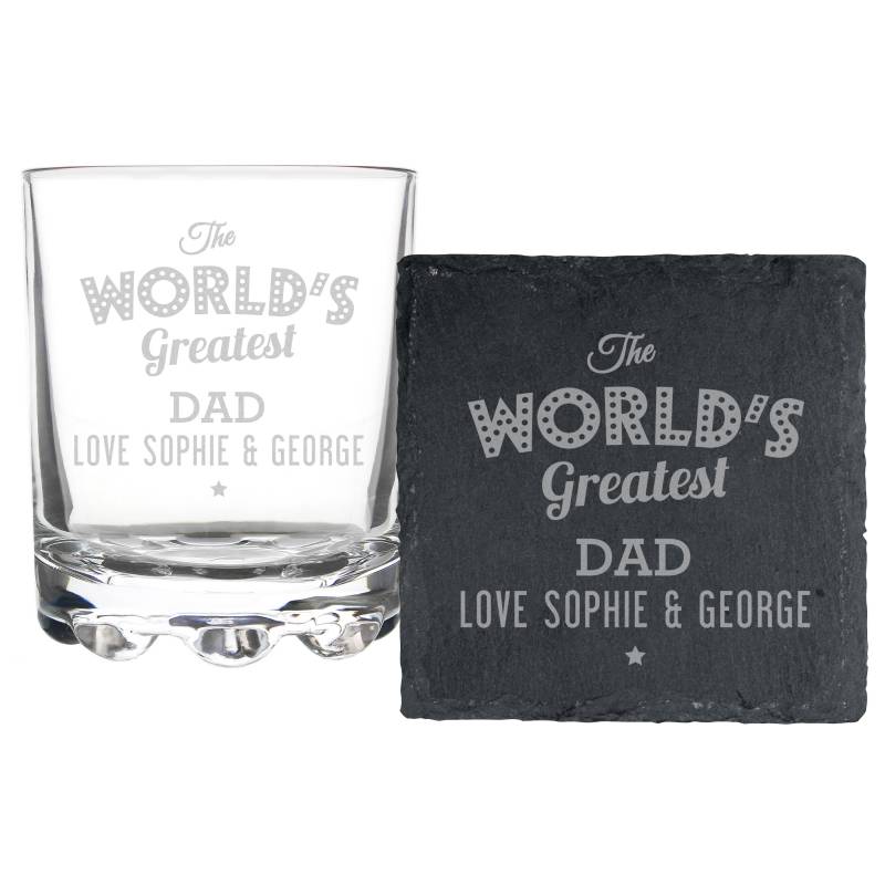 Personalised ""The Worlds Greatest"" Whisky Tumbler & Slate Coaster Set