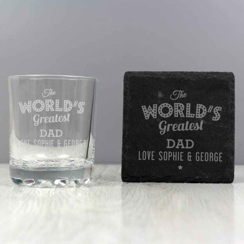 Personalised ""The Worlds Greatest"" Whisky Tumbler & Slate Coaster Set
