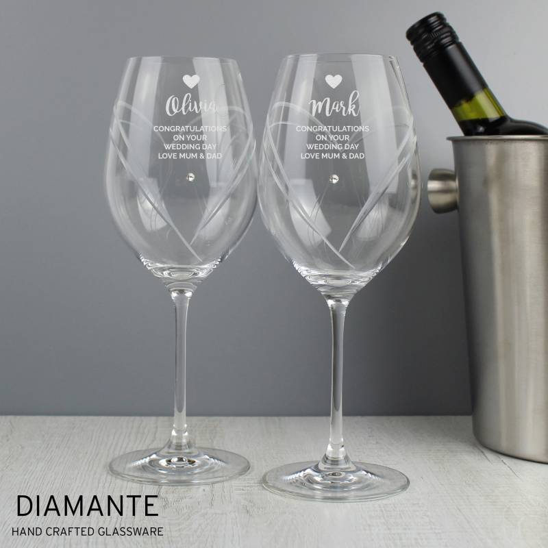 Personalised Free Text Hand Cut Heart Pattern Pair of Wine Glasses with Swarovski Elements