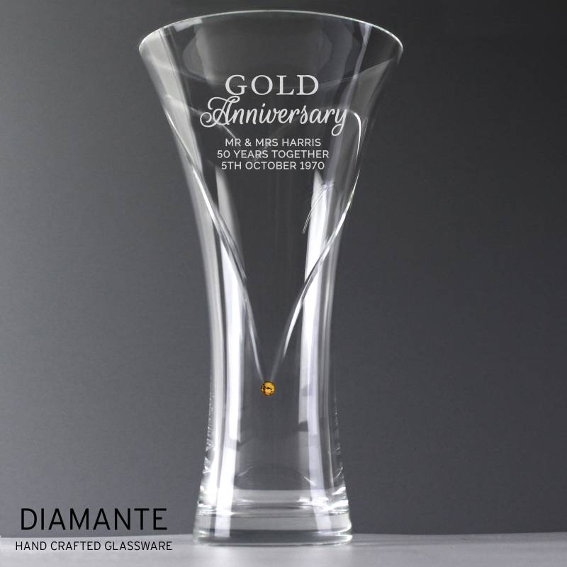 Personalised Gold Anniversary Large Hand Cut Diamante Heart Vase with Swarovski Elements