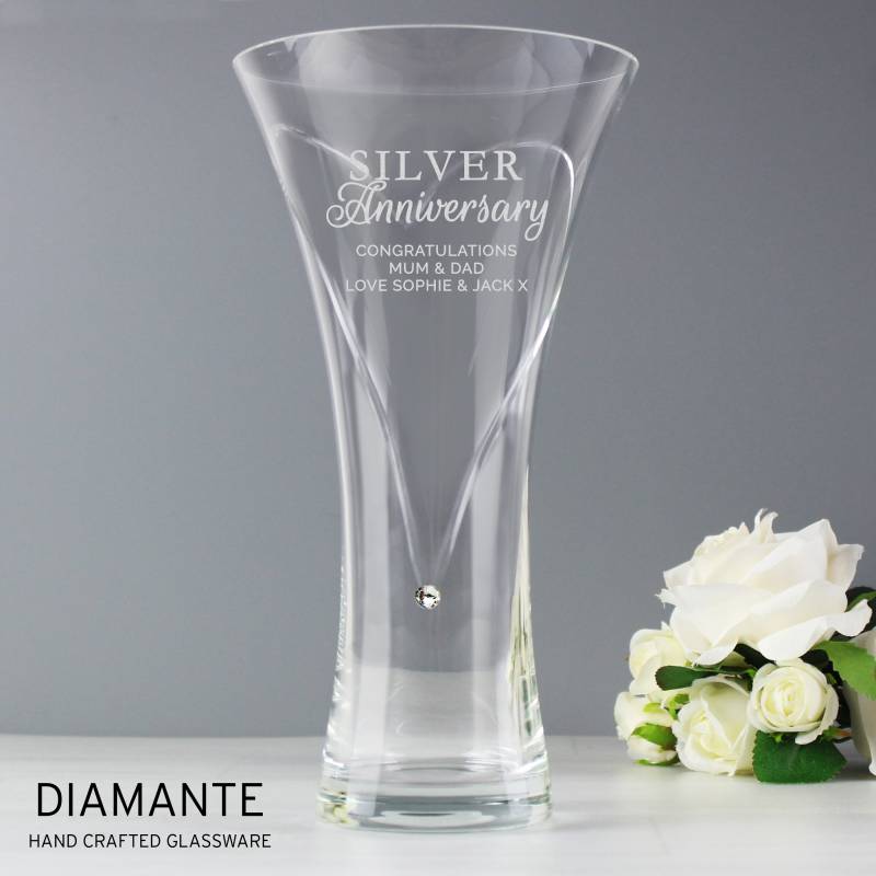 Personalised Silver Anniversary Large Hand Cut Diamante Heart Vase with Swarovski Elements