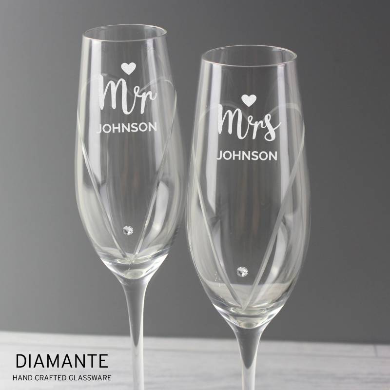 Personalised Hand Cut Mr & Mrs Pair of Flutes with Swarovski Elements in Gift Box