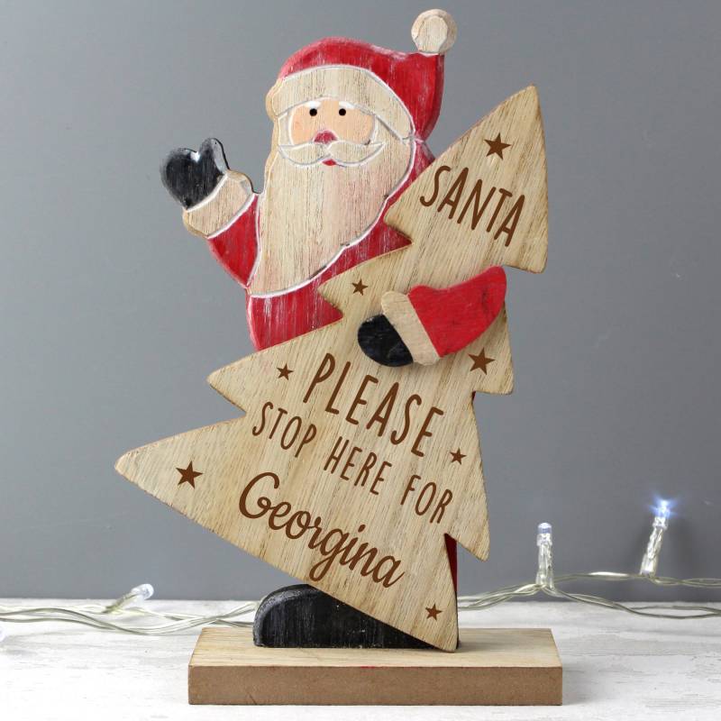 Personalised Santa Stop Here Wooden Santa Decoration