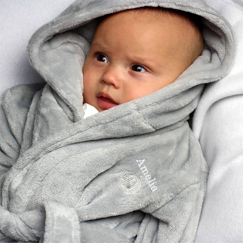 Personalised 0-6 Months Grey Bear Ears Hooded Baby Dressing Gown