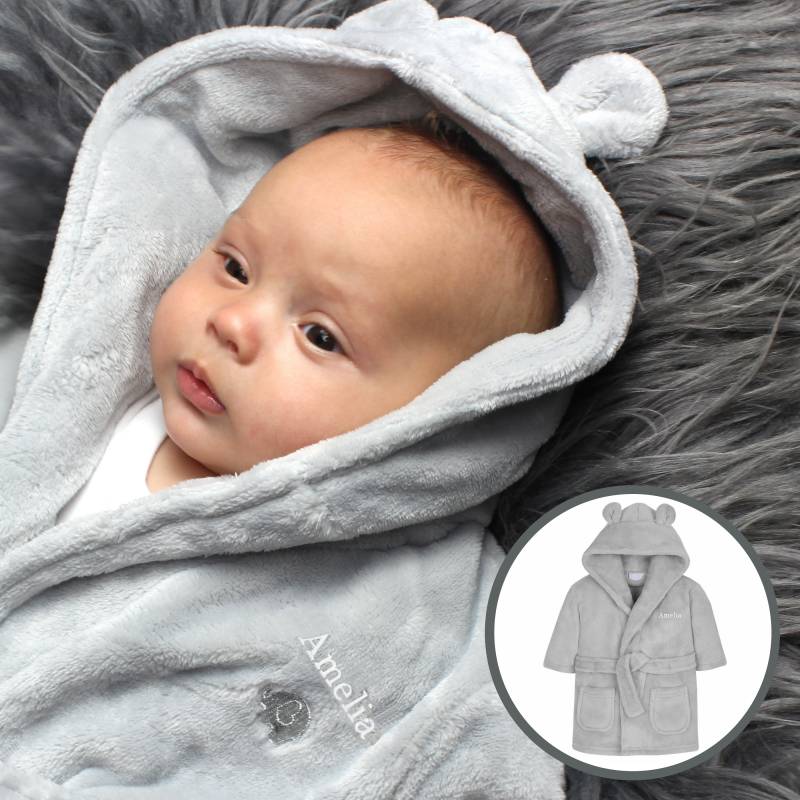 Personalised 0-6 Months Grey Bear Ears Hooded Baby Dressing Gown