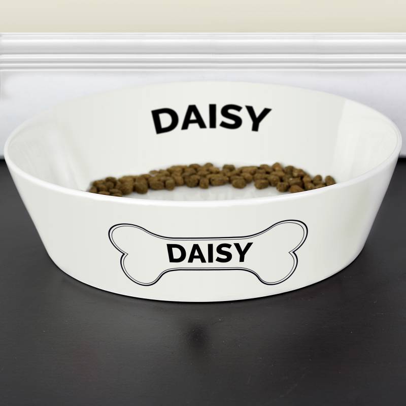 Personalised Dog Bone 20cm Large Ceramic White Pet Bowl