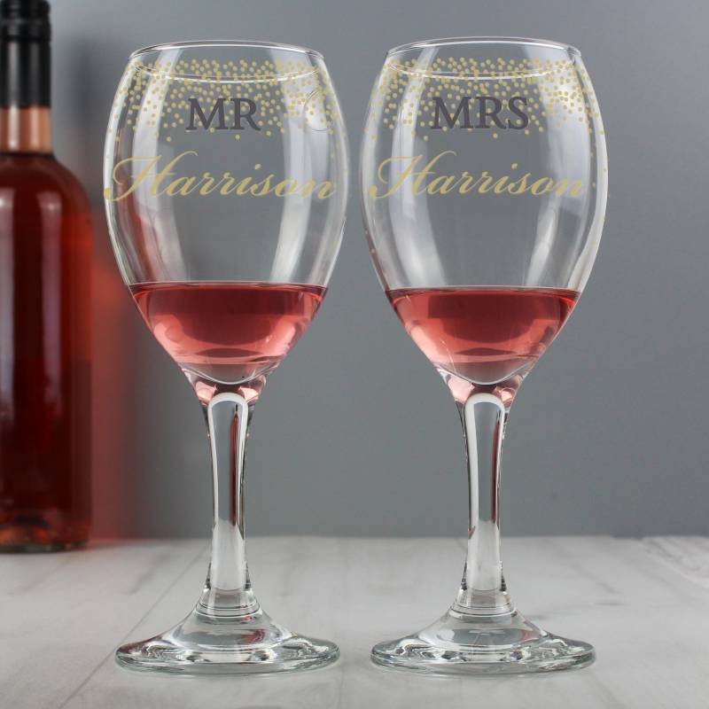 Personalised Mr and Mrs Gold Confetti Pair of Wine Glasses