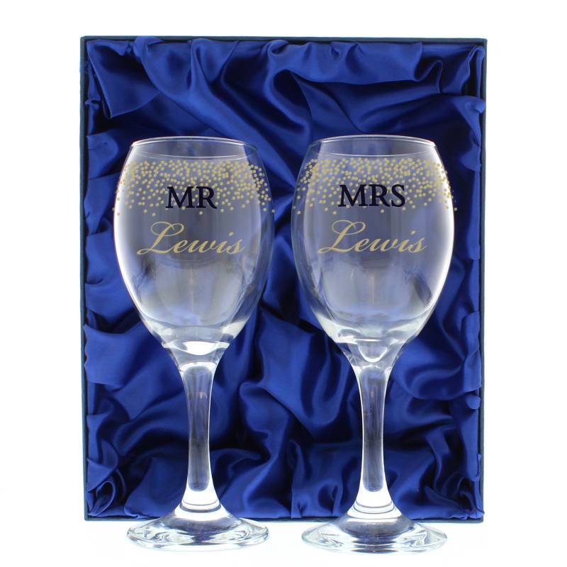 Personalised Mr and Mrs Gold Confetti Pair of Wine Glasses